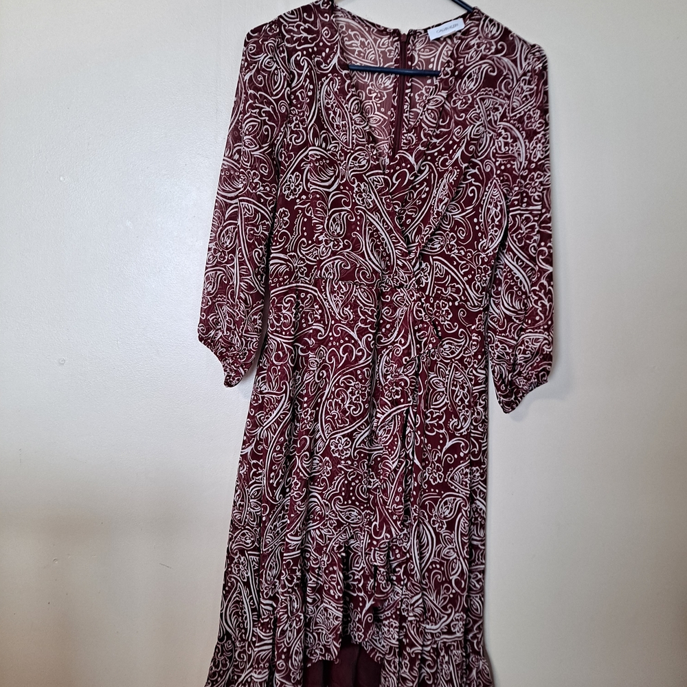 Calvin Klein Burgundy and White Paisley Dress